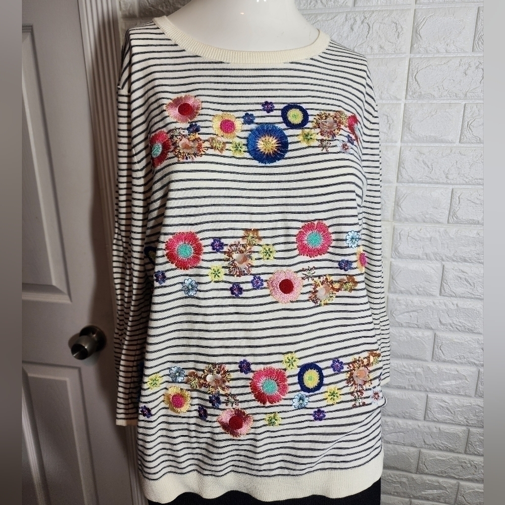 Talbots embroidered 3D long sleeves beaded stripped top Size Large - Picture 9 of 13